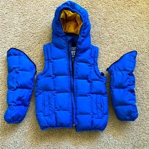 J. Crew Crew cut kids convertible down Jacket with Hood, blue, size 4-5.